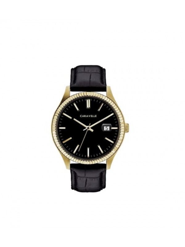 Caravelle Designed by Bulova Men's 44B118 Gold-Tone Stainless Black Leather Strap Watch