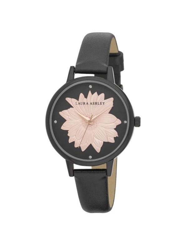 Laura Ashley Womens Black Round "Flower" Dial Strap Watch