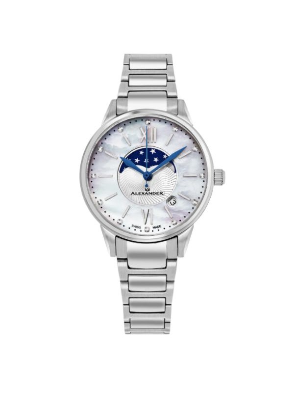Alexander Women's Swiss Made Moonphase Vassilis Stainless Steel Link Bracelet Watch