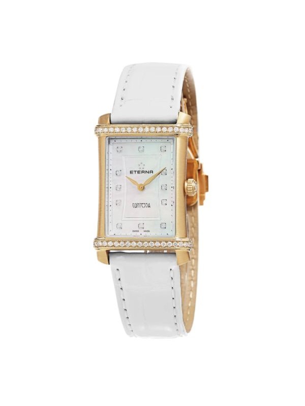 Eterna Women's 2410.77.67.1224 'Contessa' Mother of Pearl Diamond Dial White Leather Strap Gold Swis