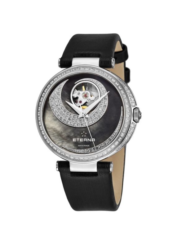 Eterna Women's 2943.54.89.1368 'Grace' Black Mother of Pearl Open Art Diamond Dial Black Satin Strap Automatic Watch