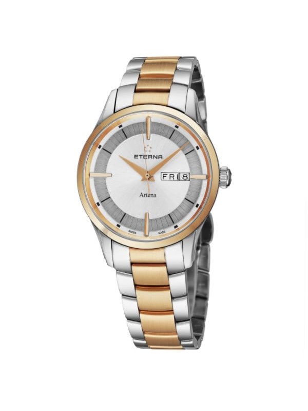 Eterna Men's 2525.53.11.1725 'Artena' Silver Dial Stainless Steel Two Tone Day Date Swiss Quartz Watch