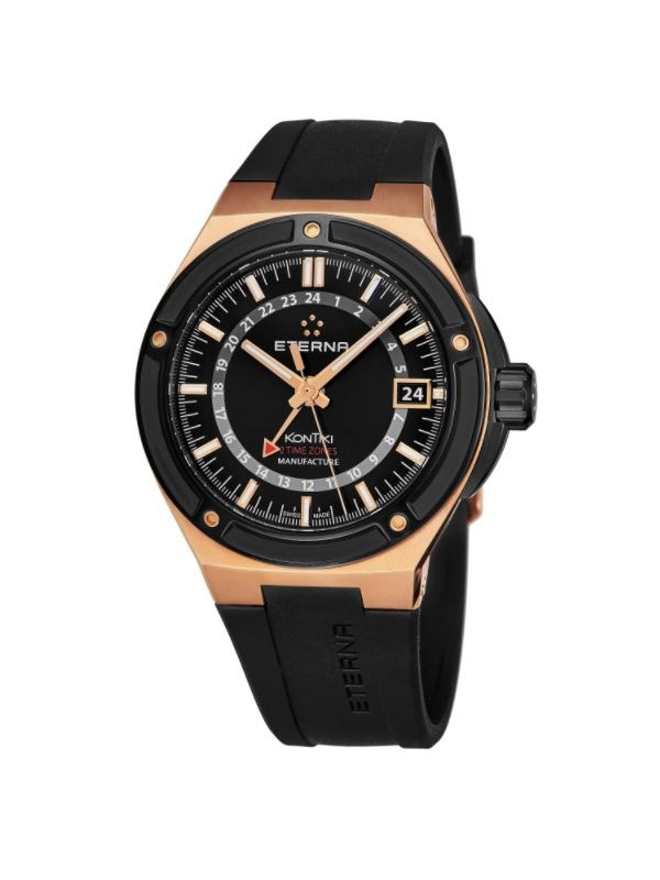 Eterna Men's 7740.63.41.1289 'KonTiki' Black Dial Black Rubber Strap Goldtone GMT Automatic Swiss Made Watch