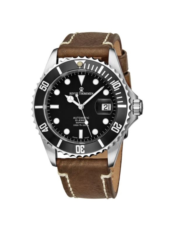 Revue Thommen Men's 17571.2537 'Diver' Black Dial Brown Suede Leather Strap Swiss Automatic Watch