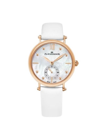 Alexander Women's Swiss Made Roxana White Satin Leather Strap Watch