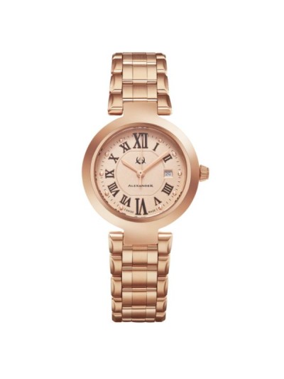 Alexander Women's Swiss Made Niki Rose Tone Stainless Steel Link Bracelet Watch