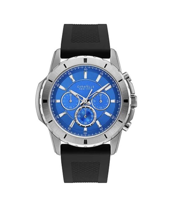 Caravelle Men's 43A138 Stainless Chrono Blue Dial Silicone Strap Watch - Black