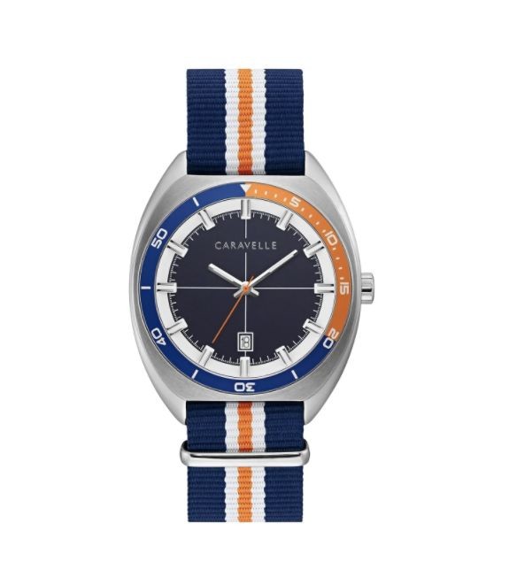 Caravelle by Bulova Mens 43B166 NATO Navy and Orange Nylon Strap Watch