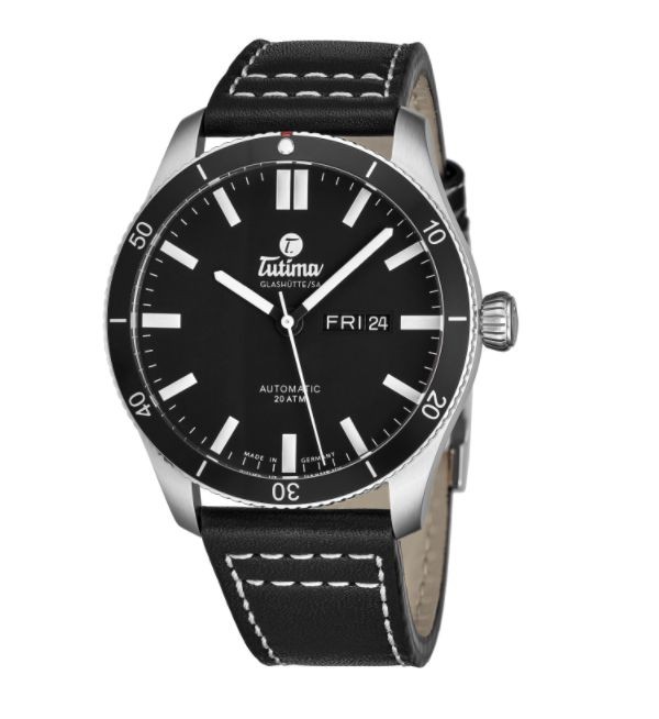 Tutima Men's 6101-01 'Grand Flieger' Black Dial Black Leather Date Day German Mechanical Automatic Watch