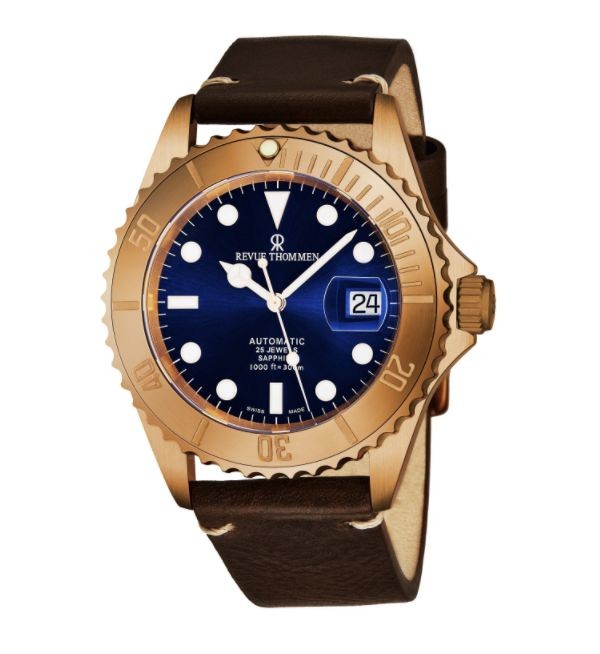 Revue Thommen Men's 17571.2595 'Diver' Blue Dial Brown Leather Strap Bronze/Steel Automatic Watch
